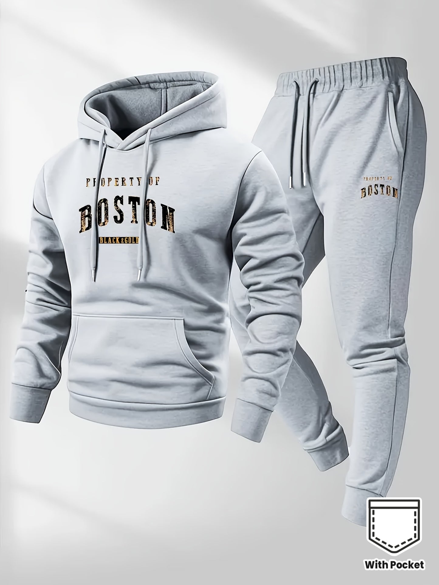Men'S Boston Print Hoodie And Sweatpants Set - Casual Long Sleeve, Slight Stretch Fabric, Pockets, Suitable for Autumn And Winter, Sportswear, Casual Attire | Hoodie | Sport Pants with Pockets, Everyday Wear