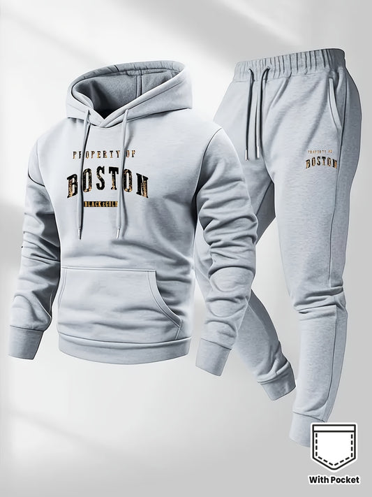 Men'S Boston Print Hoodie And Sweatpants Set - Casual Long Sleeve, Slight Stretch Fabric, Pockets, Suitable for Autumn And Winter, Sportswear, Casual Attire | Hoodie | Sport Pants with Pockets, Everyday Wear