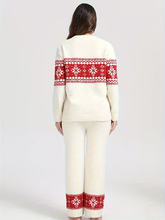 Women's Autumn/Winter Home Wear Soft Warm Fashion Christmas Snowflake Long Sleeve Pants 2pcs Set