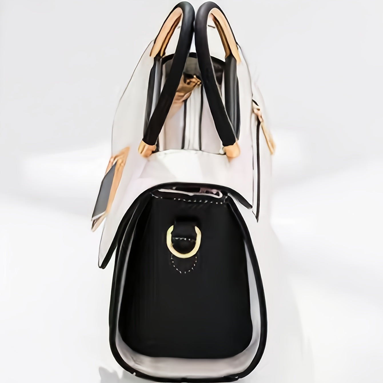 Սպիտակ սինթետիկ մինի ձեռքի պայուսակ և խաչաձև պայուսակ-պարկ - ոսկեգույն մետաղական պարագաներ, սև ծայրով ժապավեն, կայծակաճարմանդով փակվող, բազմաբաժին T ձեռքի պայուսակ - էլեգանտ ամեն օր, երեկույթների համար, (վարդագույն/) - սինթետիկ ձեռքի պայուսակ