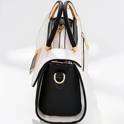 Սպիտակ սինթետիկ մինի ձեռքի պայուսակ և խաչաձև պայուսակ-պարկ - ոսկեգույն մետաղական պարագաներ, սև ծայրով ժապավեն, կայծակաճարմանդով փակվող, բազմաբաժին T ձեռքի պայուսակ - էլեգանտ ամեն օր, երեկույթների համար, (վարդագույն/) - սինթետիկ ձեռքի պայուսակ