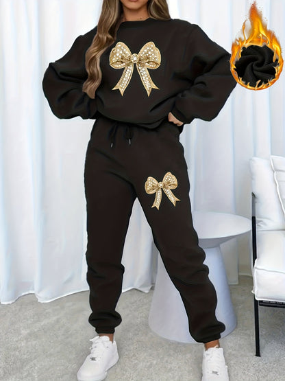 Women'S Sparkling Bow Print Sweatshirt and Pants Set - Casual Long Sleeve Pullover with Glittery Bow Design, Black and Gray, Perfect for Casual Attire, Casual Wear|Sparkling Bow Design|Stretchy Fabric
