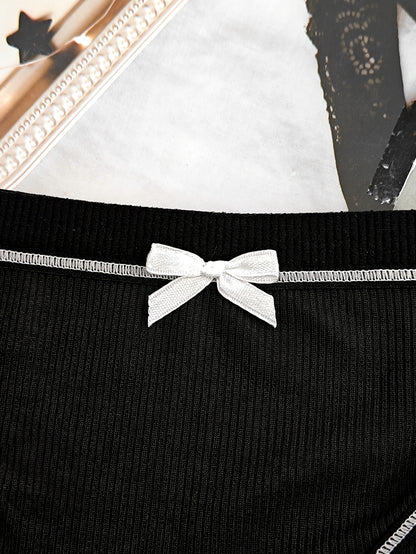 5pcs Chic Black Mid-Rise Women's Briefs with Cute White Bow Detail - Comfortable, Breathable & Sexy Ribbed Polyester Blend Panties, Hand Washable