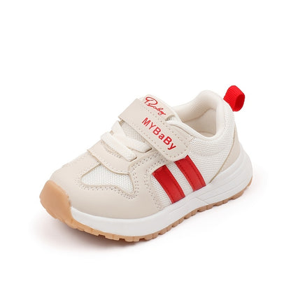 [1pc Unisex Toddler Sports Sneakers] Toddler Sports Sneakers, Unisex Preppy Casual Running Shoes, Striped Low Top Fabric & PU Upper, Breathable Mesh, Soft TPR Sole, with Adjustable Strap Closure, for Spring/Summer, All-Season