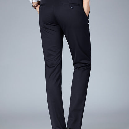 Men's Sleek Business Casual Dress Pants - Solid Black, Straight Leg, Wrinkle-Resistant Polyester Blend, All-Season Formal Trousers with Button Detail