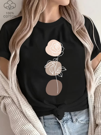 Women's Casual Cotton T-Shirt with Minimalist Floral Print