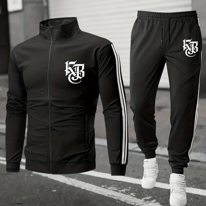 Casual Print Full-Zip Men'S Sportswear Set, Suitable for Gym Workouts And Running, Includes a Long-Sleeve Stand-Up Collar Jacket And Elastic Waist Joggers in a 2pcs Set