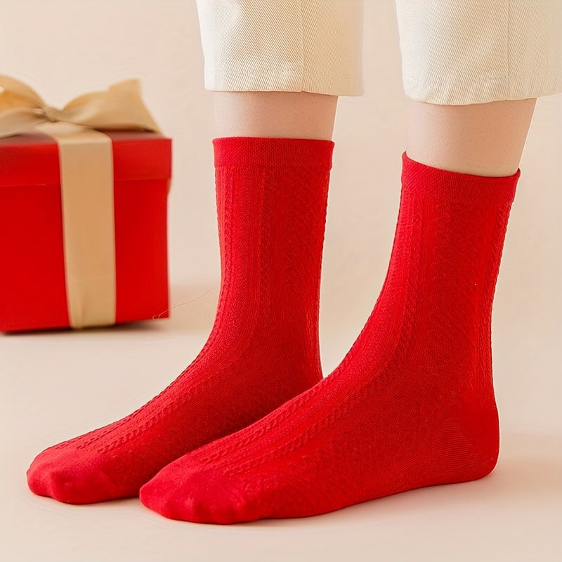 5 Pairs Women'S Red Socks with Intricate Embossed Patterns - Cozy Winter Socks for Fall & Winter, Soft & Durable, Solid Color Design, Perfect for Casual or Holiday Wear, Holiday Socks | Embossed Sock Design | Construction, Cu