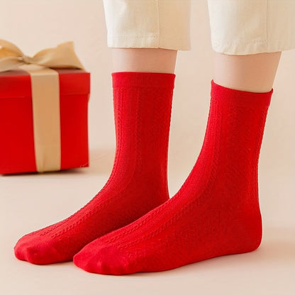 5 Pairs Women'S Red Socks with Intricate Embossed Patterns - Cozy Winter Socks for Fall & Winter, Soft & Durable, Solid Color Design, Perfect for Casual or Holiday Wear, Holiday Socks | Embossed Sock Design | Construction, Cu