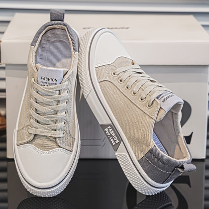 Men's Breathable Canvas Sneakers - Low-Top Lace-Up Skate Shoes, Fashionable Casual & Sporty Design with Green & Beige Color Block, Non-Slip PVC Sole for Casual Attire, Outdoor Sneakers | Laceup Closure | Stylish Lowtops