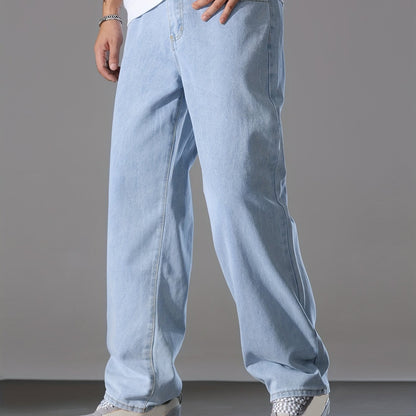 Men's Solid Denim Pants With Pockets, Causal Cotton Blend Jeans For Outdoor Activities