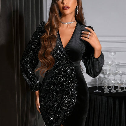Women's Sparkling Sequin Bodycon Dress with -Neck Puff Sleeve & Wrap Hem - Shimmery Party Dress Suitable for Christmas, New Year's Eve, Valentine's Day - Elegant Machine-Washable Outfit