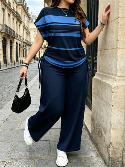 Women's Casual Two-Piece Set with Striped Bow Drawstring