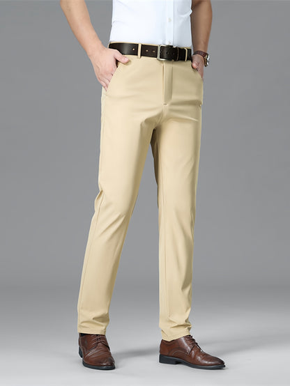 Men's Lightweight Summer Casual Pants, Slim Straight Fit, Polyester, Mid-Rise, Built-in Zipper, Regular Length - Ideal for Casual Attire
