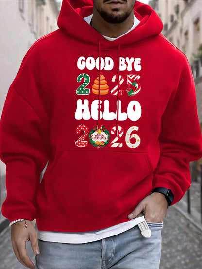 Men'S Casual Hooded Sweatshirt with "Goodbye 2025 Hello 51.46meter Print - Pullover with Colorful Lettering, Regular Fit, Winter Warmth, Casual Wear Hoodie|Casual Style Hoodie|Comfortable Fit Hoodie