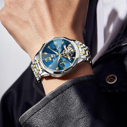 OLEVS Men's Automatic Skeleton Luxury Diamond Watch Stainless Steel
