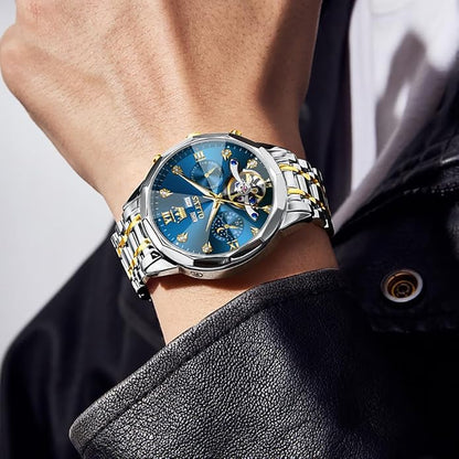 OLEVS Men's Automatic Skeleton Luxury Diamond Watch Stainless Steel