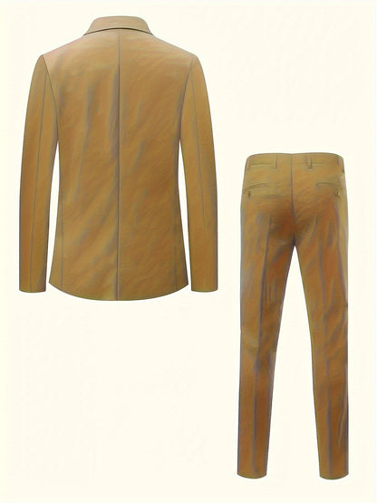 Men'S Solid Color Polyester Work Suit - Classic Lapel Collar, Non-Stretch Fabric, Long Suit Sleeves, Four-Season Versatility, Button-Front Jacket with Pants - Regular Fit Woven Suit Set (80% Polyester, 20% Viscose)