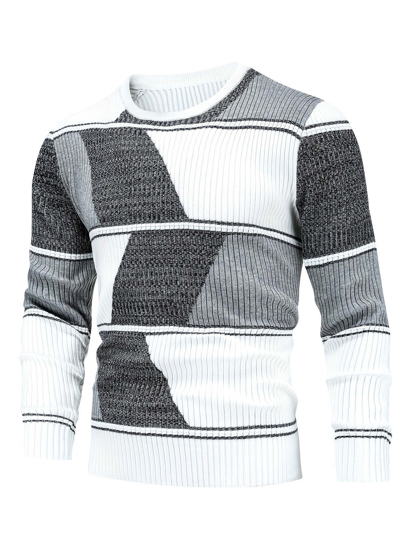 Men'S Casual Long Sleeve Crew Neck Sweater - Geometric Stripe Pullover with, Stripes, Medium Stretch Knit Sweater for Fall/Winter