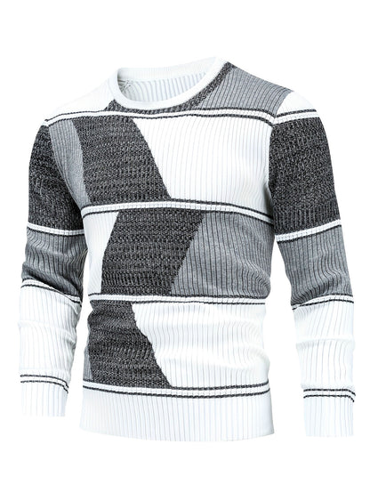 Men'S Casual Long Sleeve Crew Neck Sweater - Geometric Stripe Pullover with, Stripes, Medium Stretch Knit Sweater for Fall/Winter