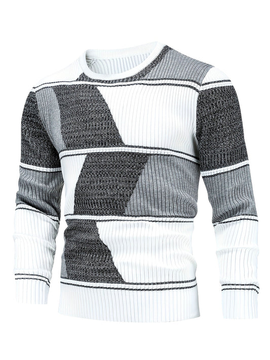 Men'S Casual Long Sleeve Crew Neck Sweater - Geometric Stripe Pullover with, Stripes, Medium Stretch Knit Sweater for Fall/Winter