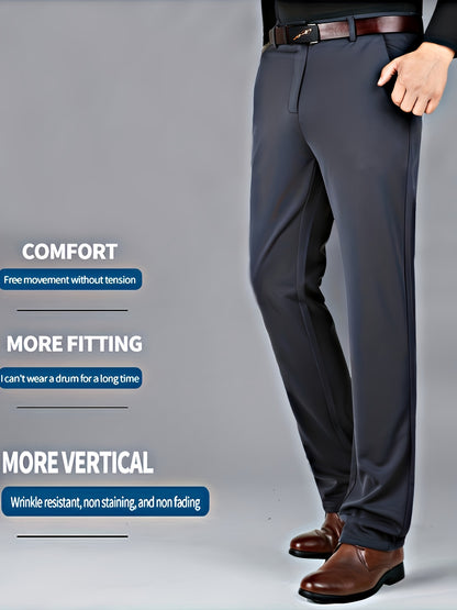 Men's Sleek Business Casual Dress Pants - Solid Black, Straight Leg, Wrinkle-Resistant Polyester Blend, All-Season Formal Trousers with Button Detail