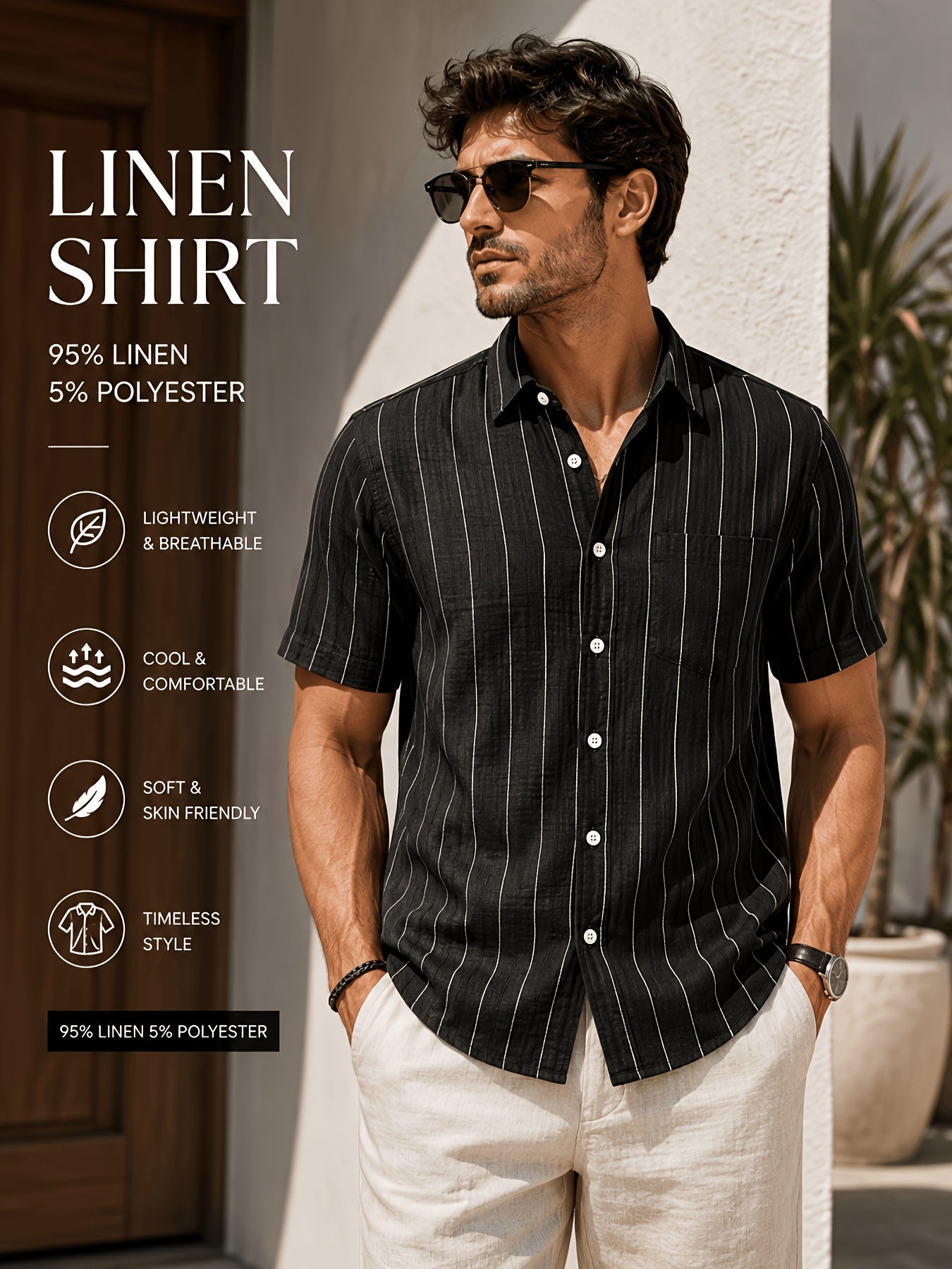 Men's Linen 2-Piece Short Sleeve Shirt & Pinstripe Pants Set