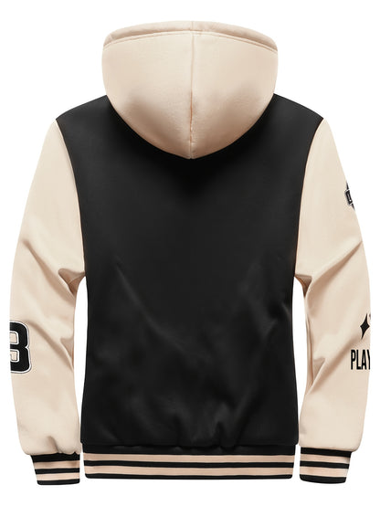 Men'S Cozy Fleece-Lined Hooded Jacket with "LA" Lettering - & Yellow Color Block, Zip-Up Casual Outerwear, Long Sleeves, Pockets, Perfect for Fall & Winter, Casual Winter Wear | Hooded Jacket | Zippered Jacket