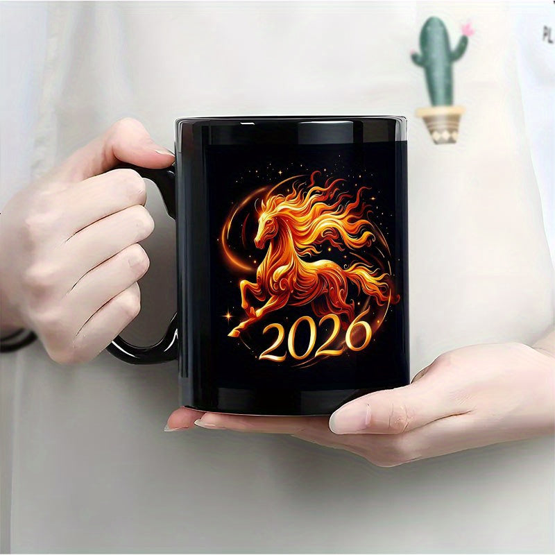 1pc 11oz Chinese New Year of the Horse 2026 Ceramic Mug - Glossy Black & Fire Horse Design Coffee Cup with Auspicious Red/ Horses, Hand Wash Only, Reusable Gift for Home, Office, Travel, Lunar New Year Celebrations