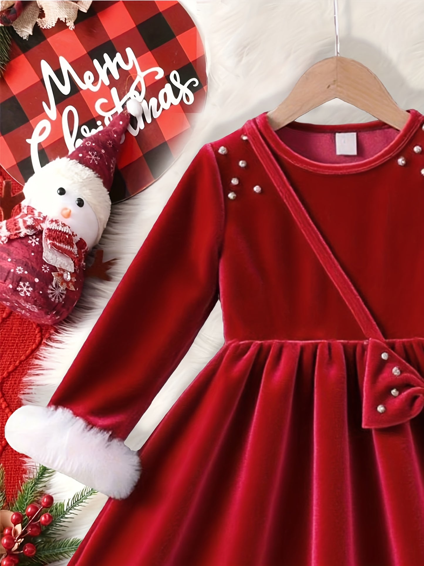 High-End Romantic Gorgeous Elegant Red Round Neck Pearl Straight-Leg Long Sleeve Cuff Skirt with 3D Bow Spring Autumn New Dress Suitable for Daily Wear, Parties, Holidays, Christmas Vacation Banquet, Campus Performance Outing
