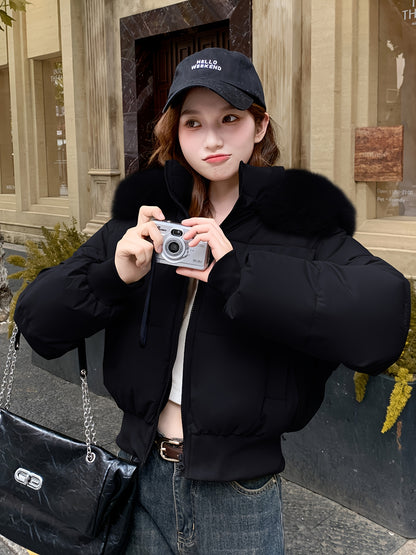 Women'S Winter Jacket - Elegant Short Coat with Detachable Hood, Zippered Pockets, Warm Outerwear for Cold Weather, Office, Parties, Everyday - Chic Winter Clothing for Women, Party Wear, Sleek Design, Cozy Lining, Fashioncon