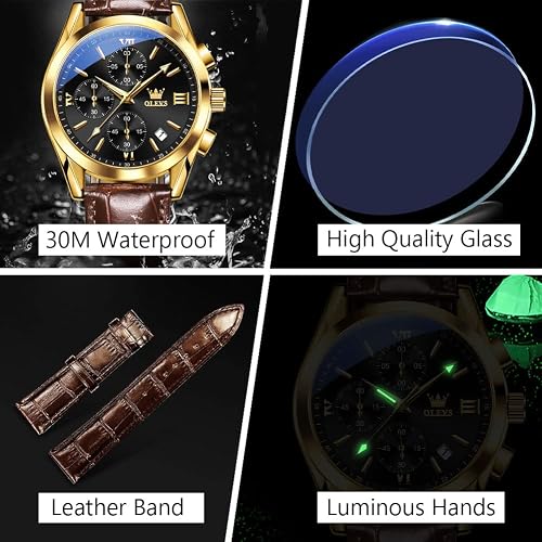 OLEVS Men's Casual Leather Chronograph Watch, Waterproof