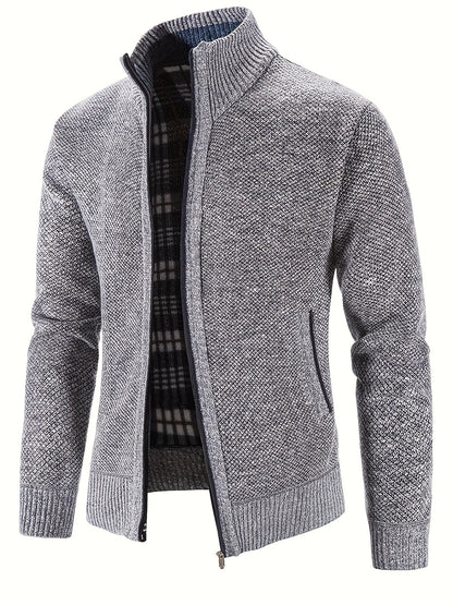 Men's Solid Fleece Knitted Cardigan With Pockets, Casual Long Sleeve Turtle Neck Zip Up Warm Sweater For Winter Fall Outdoor Activities