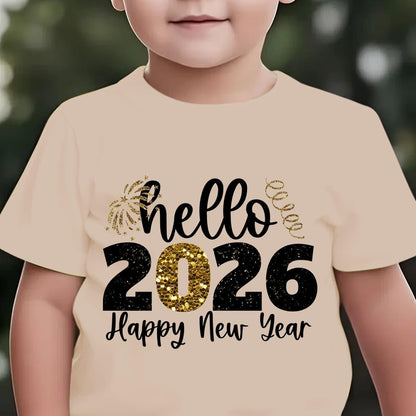 Boys' 2026 New Year'S Eve Party T-Shirt - Hello 2026 Happy New Year Fireworks Print with Golden & Lettering - Lightweight Summer Tee for Birthday Party Outfit, New Year'S Eve Celebration - Easy-care Kids Shirt, New Year T Shi