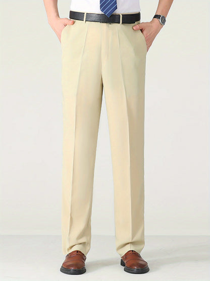 Men'S Solid Color Straight Leg Casual Business Casual Pants, Regular Length, Slight Stretch Polyester Fabric, with Pocket, for Spring/Fall