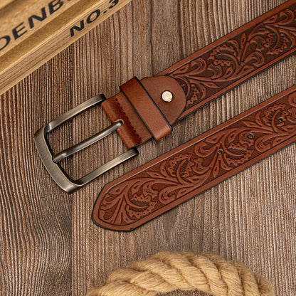 Preppy Style Men's Embossed PU Leather Belts with Vintage Leaf Pattern and Alloy Shaped Buckle