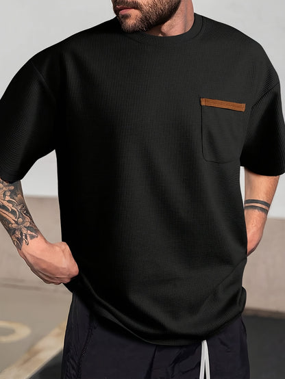 Men's Solid T-shirt With Chest Pocket, Casual Short Sleeve Crew Neck Tee, Men's Clothing For Summer Outdoor