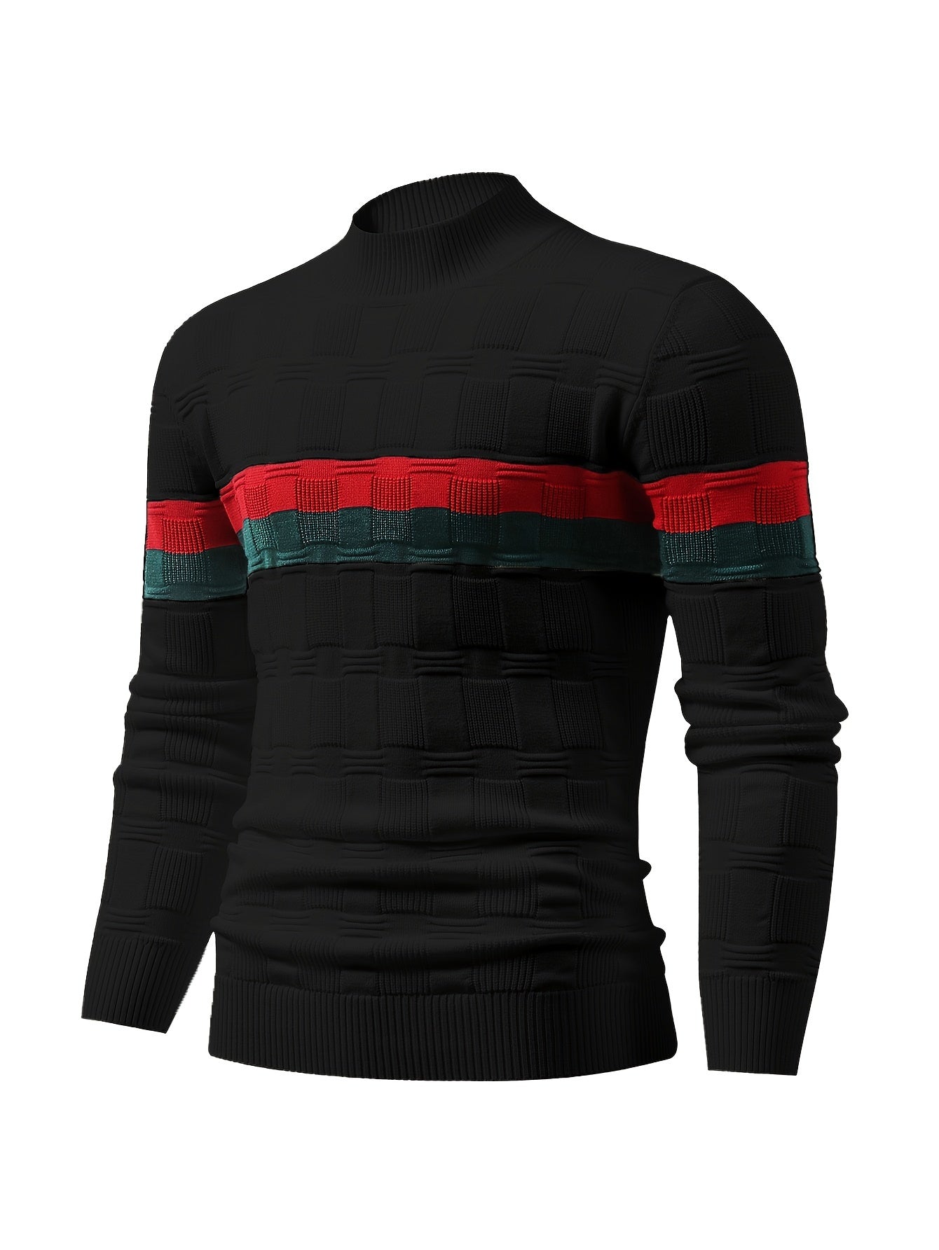 Temujin OBM Men's Fashion Mid-Neck Button Contrast Stripe Three-Dimensional Plaid Knit Top