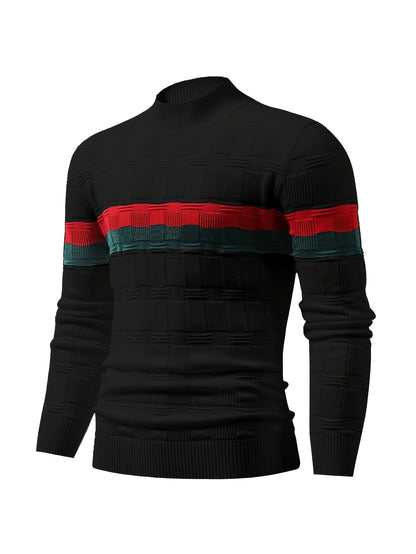 Temujin OBM Men's Fashion Mid-Neck Button Contrast Stripe Three-Dimensional Plaid Knit Top
