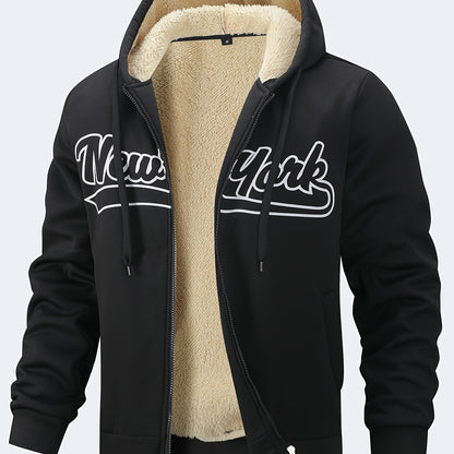 Men'S Cozy Fleece-Lined Hooded Jacket with "LA" Lettering - & Yellow Color Block, Zip-Up Casual Outerwear, Long Sleeves, Pockets, Perfect for Fall & Winter, Casual Winter Wear | Hooded Jacket | Zippered Jacket