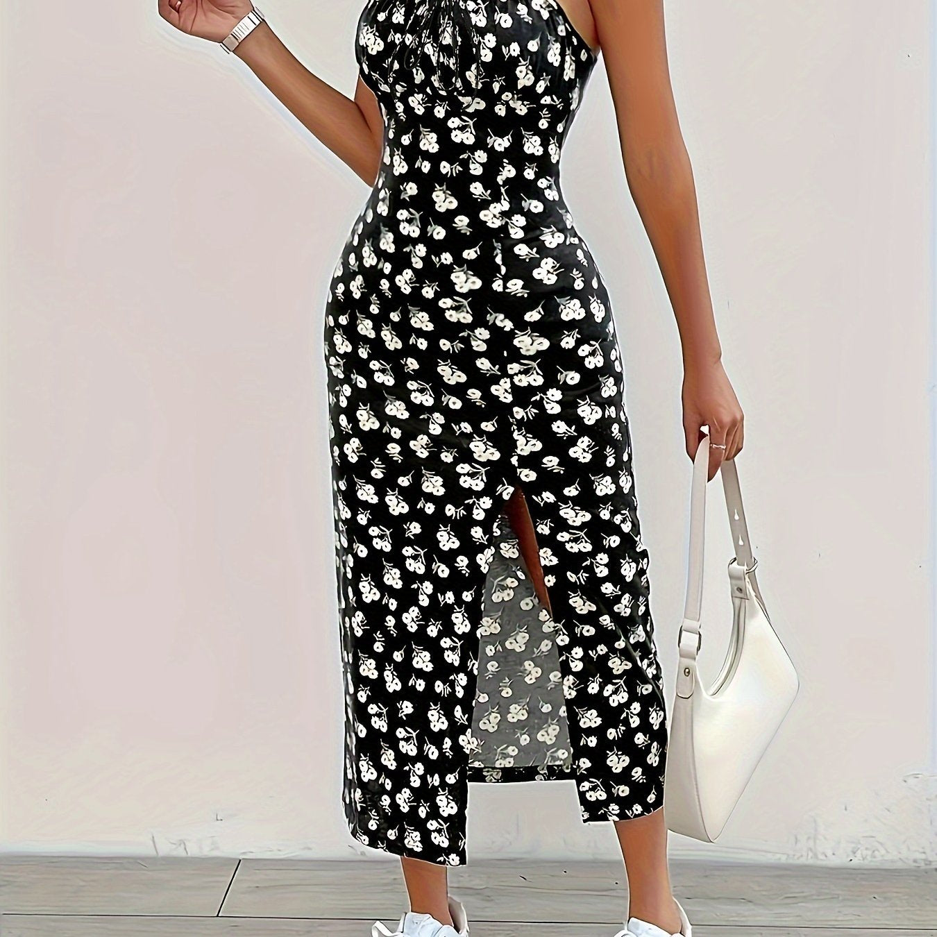 Floral Print Slit Hem Cami Dress, Stylish Backless Sleeveless Midi Cami Dress For Spring & Summer, Women's Clothing