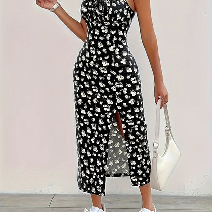 Floral Print Slit Hem Cami Dress, Stylish Backless Sleeveless Midi Cami Dress For Spring & Summer, Women's Clothing