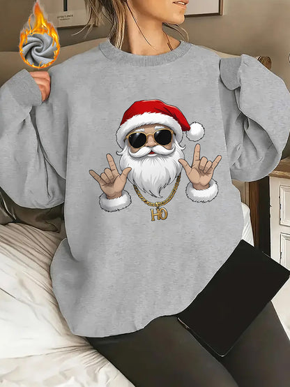 Women's Elegant Christmas Santa Claus Graphic Print Fleece-Lined Sweatshirt - Long Sleeve Round Neck Pullover with Golden Accents, Machine Washable Holiday Party Casual Top, Christmas Sweatshirt, Festive Clothing, Hiphop Styl