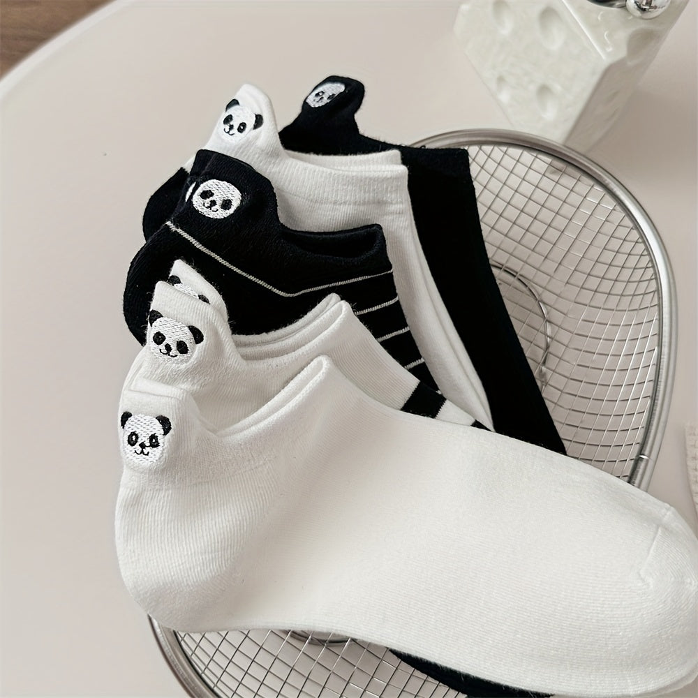 Women's Cotton Ankle-Length Socks 5-Pair Set with Panda Embroidery, Breathable Moisture-Wicking Knit, Anti-Odor, Seamless Toe, Stretch Spandex Blend - Size 200 Needle Count