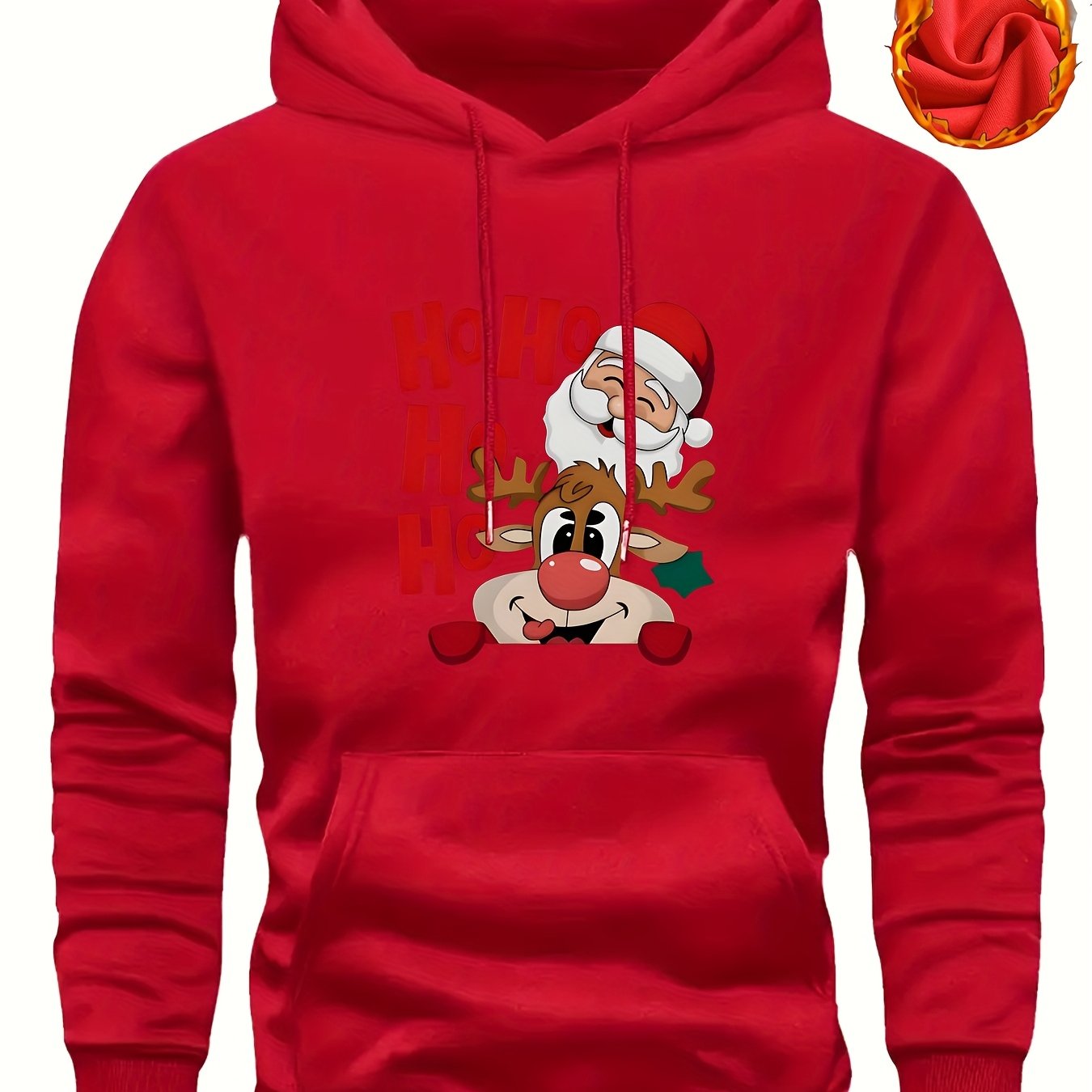 Men's Christmas Hooded Sweatshirt with Rudolph & Santa Print - Thickened Winter Pullover Hoodie, Warm Long Sleeve Casual Sweater for Skiing, Parties, Team Events - Machine Washable (Couple Matching, Unisex Style)
