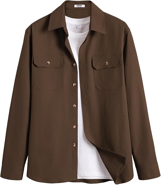 Men's Long Sleeve Button-Up Shirt Jacket with Flap Pockets