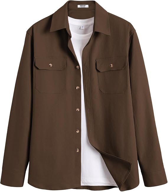Men's Long Sleeve Button-Up Shirt Jacket with Flap Pockets