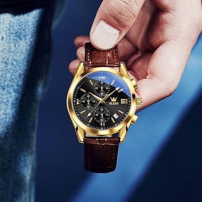 OLEVS Men's Casual Leather Chronograph Watch, Waterproof