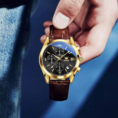 OLEVS Men's Casual Leather Chronograph Watch, Waterproof