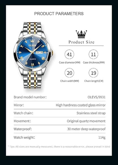 OLEVS Men's Two-Tone Luxury Analog Quartz Watch Blue